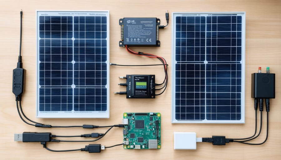 Solar-powered Raspberry Pi hardware setup with all components labeled