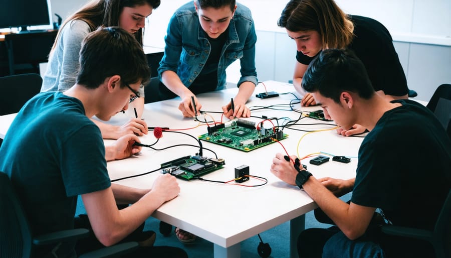 Group of students collaborating on a Raspberry Pi project with electronic components