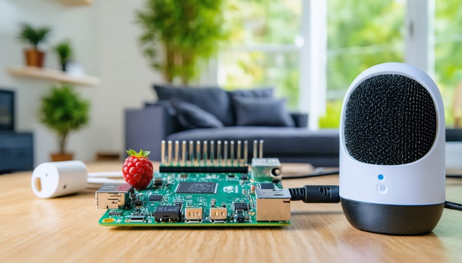 Raspberry Pi setup with USB microphone, breadboard, and connected smart home devices