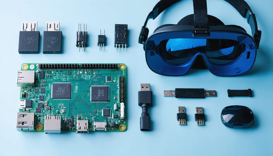 Raspberry Pi 4 board with labeled components alongside a VR headset and connection cables