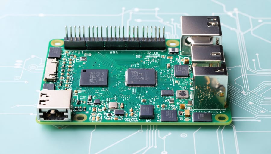 An illustration of a Raspberry Pi 3 board with its built-in WiFi module highlighted, showcasing wireless signal emanation, symbolizing its integrated connectivity features.