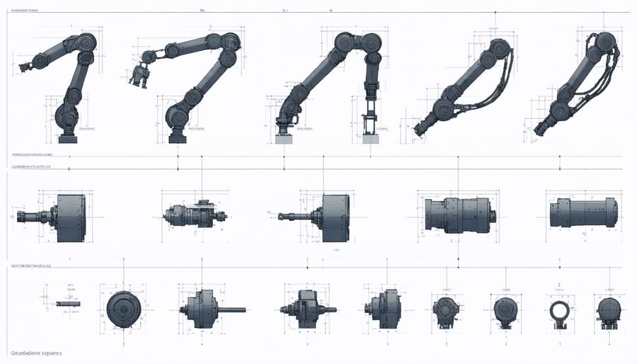 Technical diagram showing all components of a 6-axis robot arm in an exploded view with assembly order
