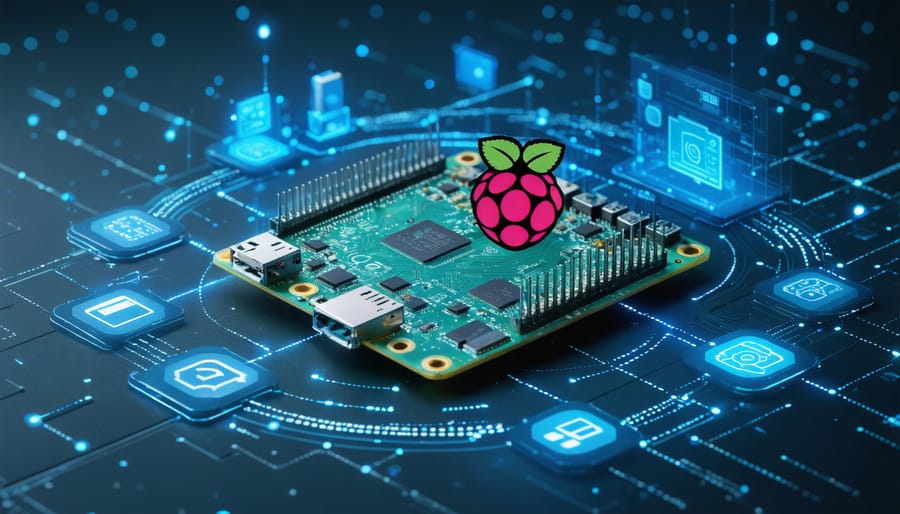 A conceptual representation of data lifecycle management on a Raspberry Pi, showing data streams encircling a Raspberry Pi board with icons indicating automation, security, and efficiency.