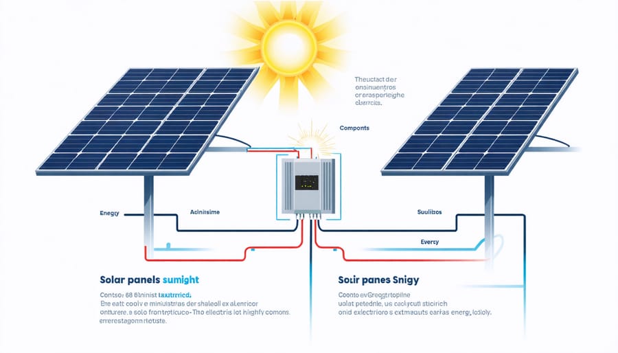 Technical illustration of solar energy conversion process from sunlight to electricity