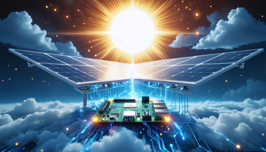 "Conceptual illustration showing solar rays powering a solar panel, integrating digital circuitry into a Raspberry Pi board, symbolizing the fusion of renewable energy and technology."