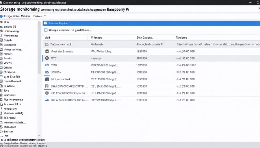 Terminal interface displaying storage monitoring tools and disk usage on Raspberry Pi