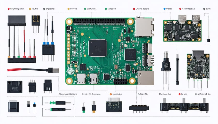 Exploded diagram illustrating Raspberry Pi, audio HAT, potentiometers, buttons, and case components for synthesizer assembly