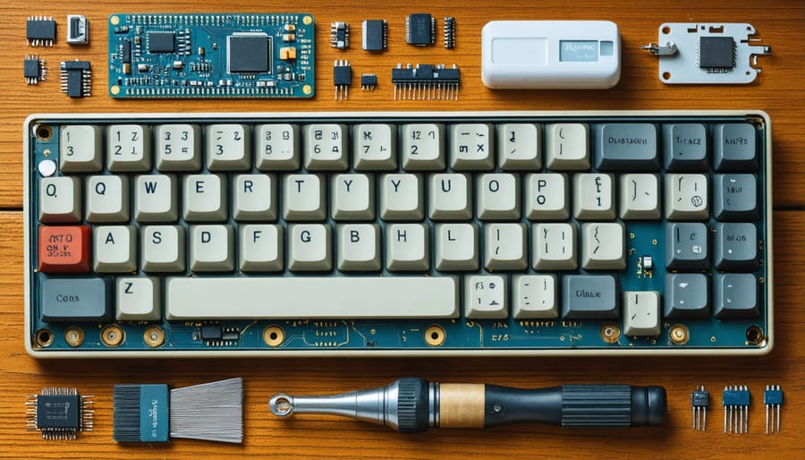 Step-by-step keyboard cleaning demonstration with keycaps removed and cleaning supplies