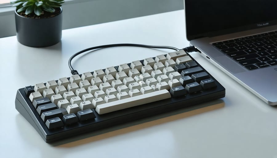 A classic IBM Model M mechanical keyboard connected to a modern laptop using a Raspberry Pi converter, showcasing the combination of retro aesthetics and modern technology.