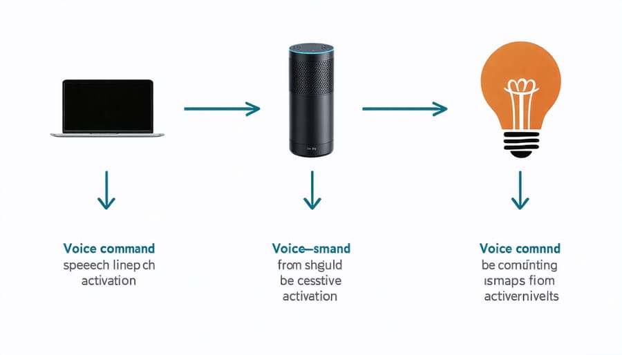 Flowchart illustrating voice command processing pipeline from user to smart device response