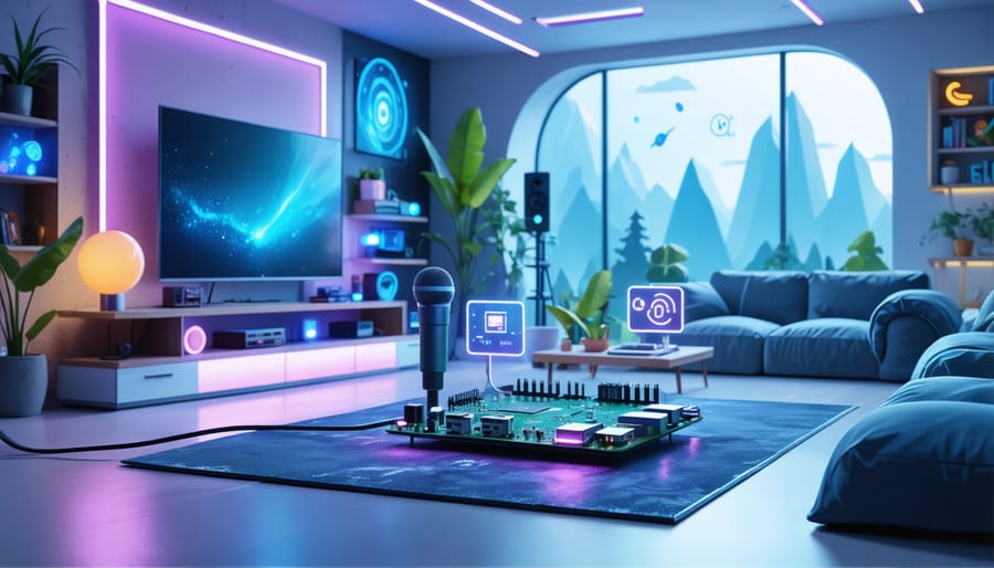 "Futuristic smart home environment controlled by a Raspberry Pi with a USB microphone, featuring lights, appliances, and other smart devices responding to voice commands."