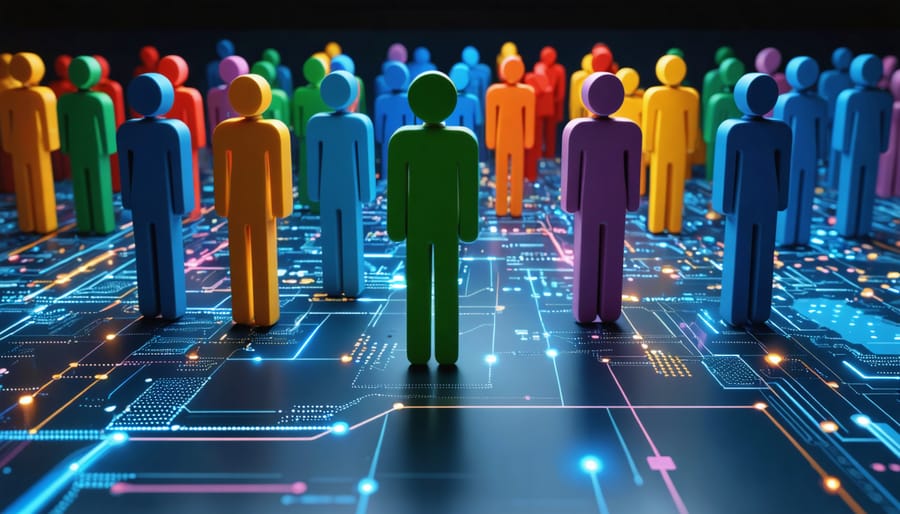Illustration showing an AI system processing diverse data streams, each represented by human figures of various colors and sizes, symbolizing the importance of diversity and fairness in technology.
