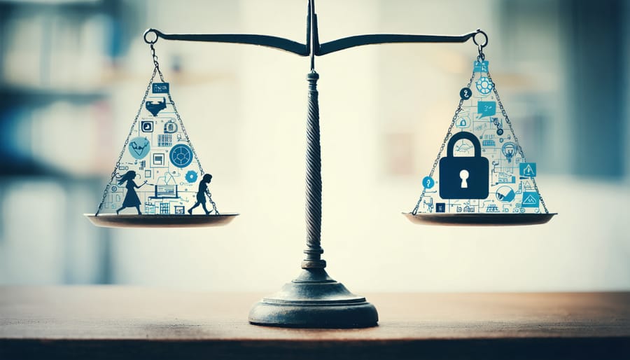 A conceptual image showing a balanced scale symbolizing the equilibrium between AI technology and student privacy in education, with AI, security, and learning icons represented.