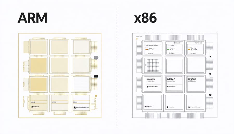 Side-by-side comparison diagram of ARM vs x86 architecture highlighting their different approaches to instruction processing