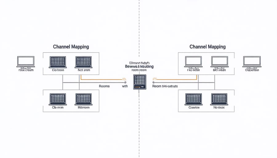 Flowchart illustrating audio signal routing from Raspberry Pi to different rooms in a house