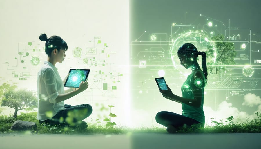 An illustration of a person balancing digital and physical activities, representing a harmonious relationship with technology and nature.