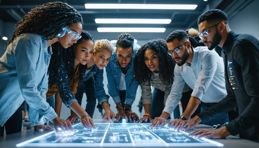Diverse group of AI developers working together at a computer station