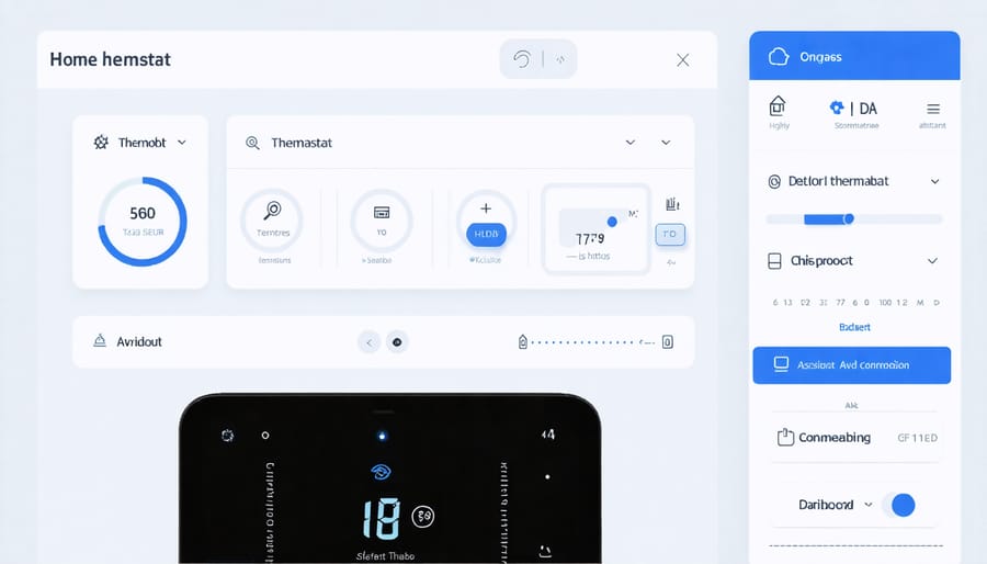 Home Assistant interface with thermostat control panel and automation rules configuration