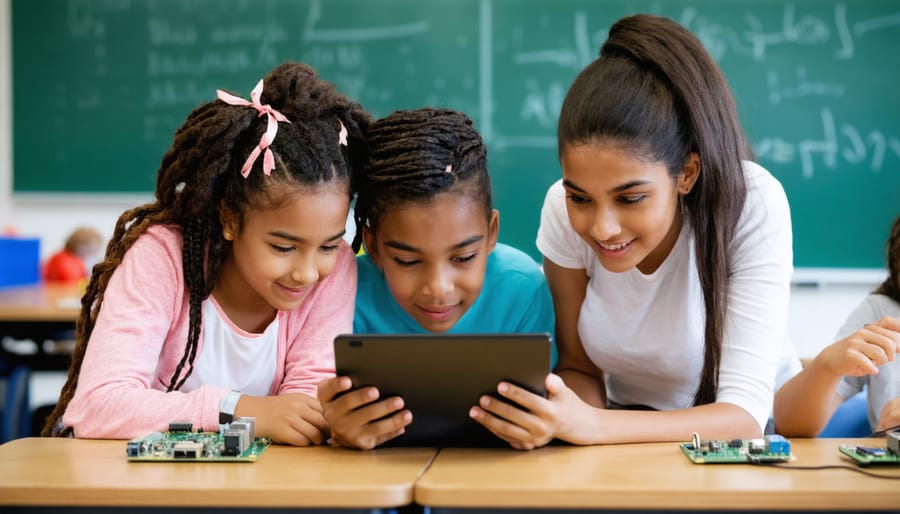 Diverse group of students accessing AI education through different devices including Raspberry Pi