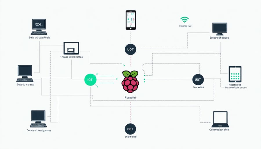 Infographic depicting various IoT sensors and data collection points connected to a Raspberry Pi hub