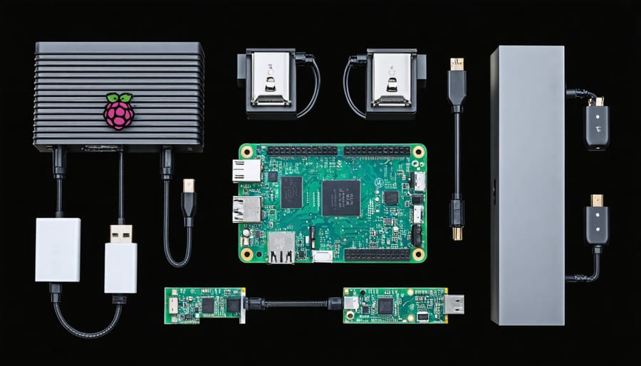 Multi-room audio system hardware components including Raspberry Pi, audio HATs, and speakers laid out on a workbench