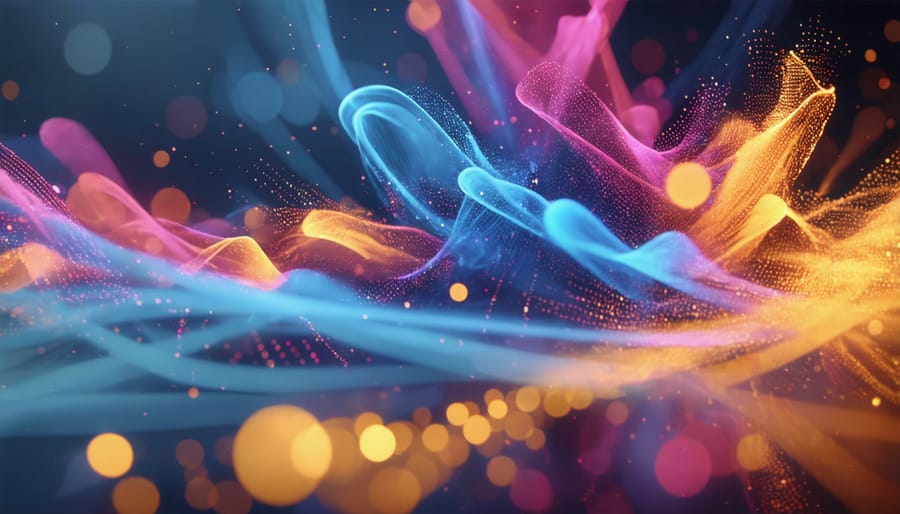 Dynamic particle system animation created with JavaScript, displaying interactive motion trails and vibrant colors