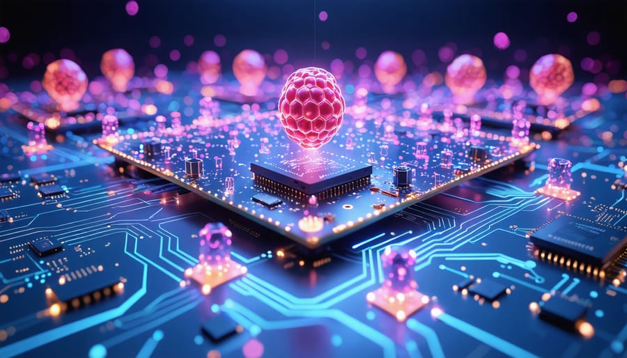 An illustration of quantum-safe blockchain technology with digital networks protected by lattice structures, symbolizing security against quantum threats. Raspberry Pi devices are part of the interconnected network, with quantum computers in the background.