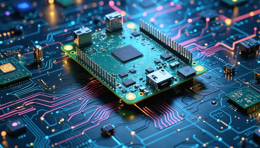 A conceptual depiction of Raspberry Pi's ARM architecture showcasing a digital circuit board with AI and data flow elements, representing the core power and efficiency for computational tasks.