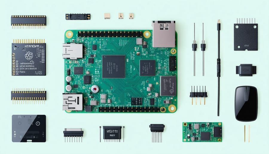 Annotated diagram showing Raspberry Pi board, display, sensors, and input devices required for assistive technology projects