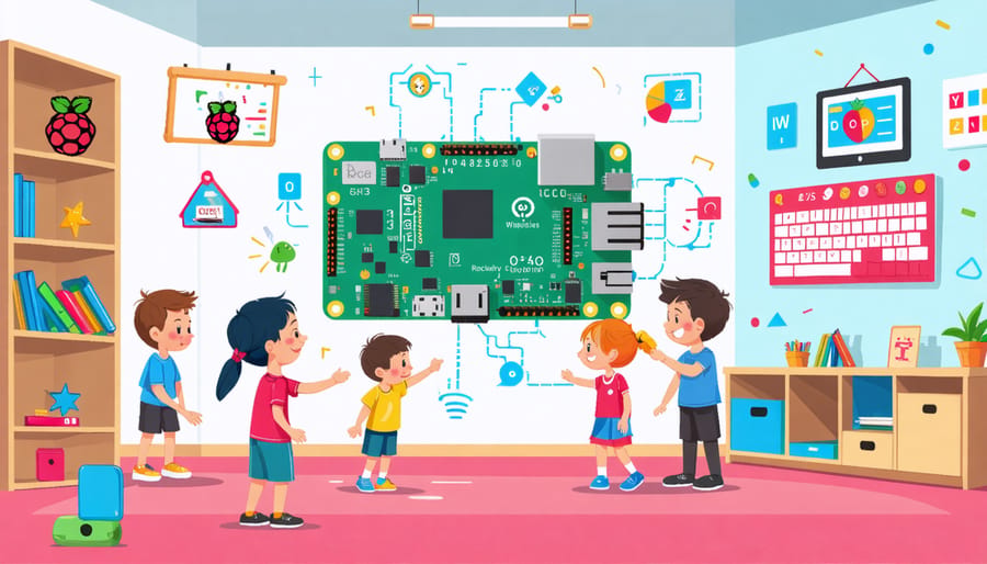 Illustration of a classroom using Raspberry Pi assistive technology to support students with autism. Features visual schedules, sensory LED lights, and communication boards that enhance learning and communication.