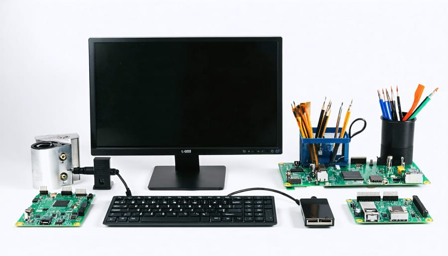 Raspberry Pi workstation setup showing monitor, keyboard, and essential hardware components for JavaScript creative coding