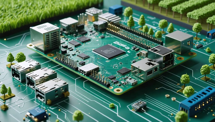 Conceptual illustration of a Raspberry Pi transforming into an edge computing hub, connected to IoT sensors, processing data in real-time with a backdrop of smart home, factory, and agricultural settings