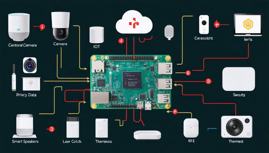 Detailed visualization of a Raspberry Pi as a hub in an IoT network, highlighting data collection points and potential security vulnerabilities with connected sensors and cloud arrows.