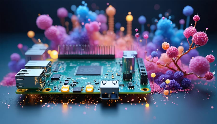 A creative depiction of a Raspberry Pi driving a digital art display, featuring visual elements from JavaScript libraries like p5.js and Three.js, with colorful particles illustrating the boundless creativity enabled through coding.