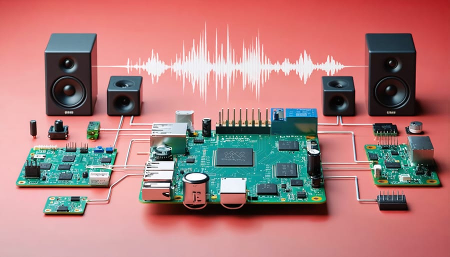 Illustration of a Raspberry Pi with audio components, visualized as central to a multi-room audio setup, with stylized audio waves extending to different rooms, representing synchronized home audio distribution.