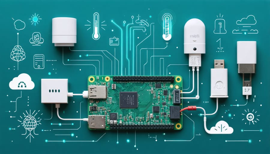 Conceptual image of a Raspberry Pi showcasing different sensors like temperature, humidity, motion, gas, and light detectors, illustrating connectivity and data flow.