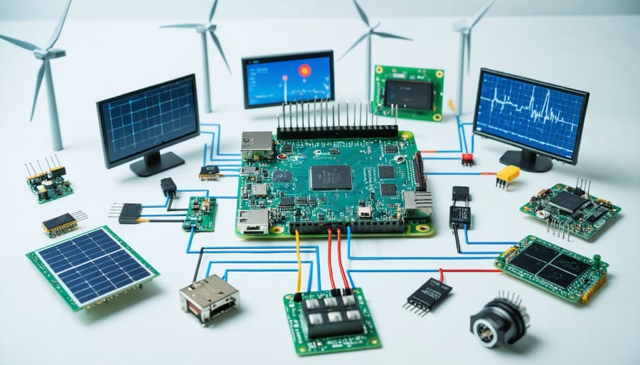 A Raspberry Pi connected to energy monitoring sensors, including voltage sensors and current monitors, with a digital display showing energy data. In the background, solar panels and wind turbines symbolize renewable energy integration.