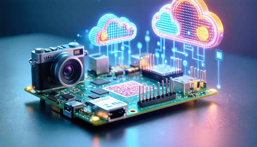 Illustration of a Raspberry Pi with a camera module scanning a QR code, highlighting the process of data being captured and stored in a cloud database, emphasizing connectivity and technological innovation.