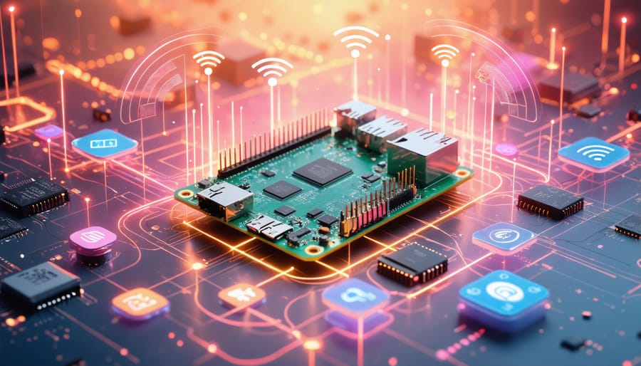 Conceptual illustration showing a Raspberry Pi surrounded by flowing wireless signal waves with icons representing Wi-Fi, Bluetooth, ZigBee, and other RF communication protocols, emphasizing connectivity and IoT applications.