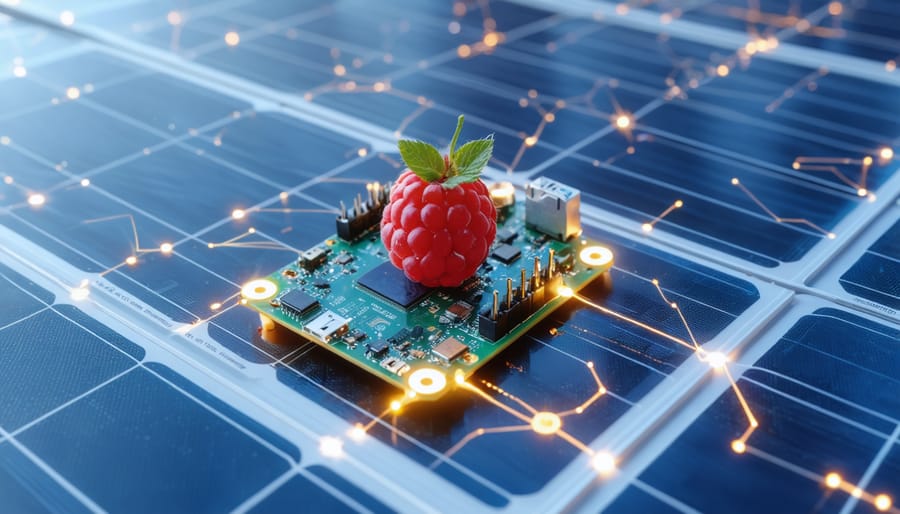 Conceptual representation of a Raspberry Pi Zero connected to solar panels, showcasing smart automation and energy flow with circuit diagrams and GPIO highlights.