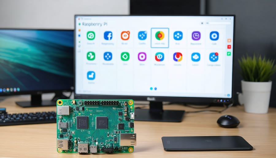 Raspberry Pi 4 Model B on a desk with a monitor displaying various operating systems for installation, including Raspberry Pi OS, Ubuntu, and LibreELEC.
