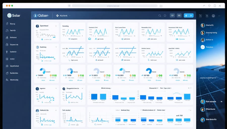 Web interface displaying solar power statistics, graphs, and system status