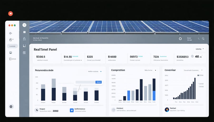Interactive dashboard displaying solar power generation, consumption graphs, and system statistics