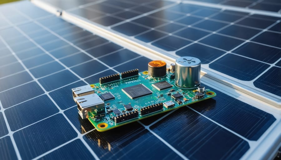 Raspberry Pi Zero wired to solar panel sensors and monitoring equipment