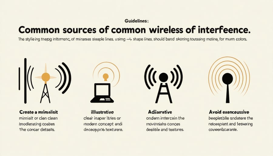 Illustrated diagram of wireless interference sources including walls, metal objects, and other electronic devices