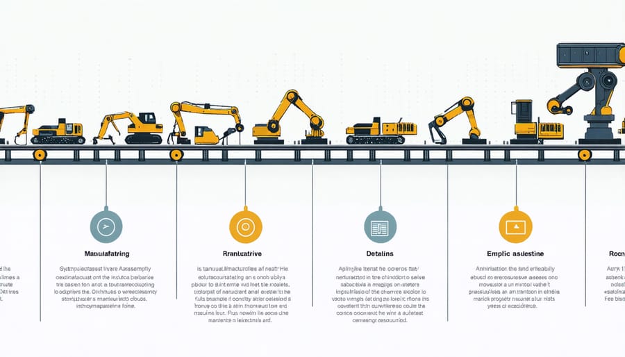 Timeline visualization comparing traditional car assembly lines to modern robotic manufacturing systems