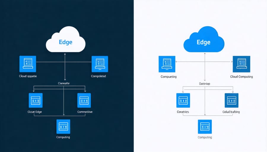 Side-by-side diagram comparing cloud computing and edge computing data paths and latency