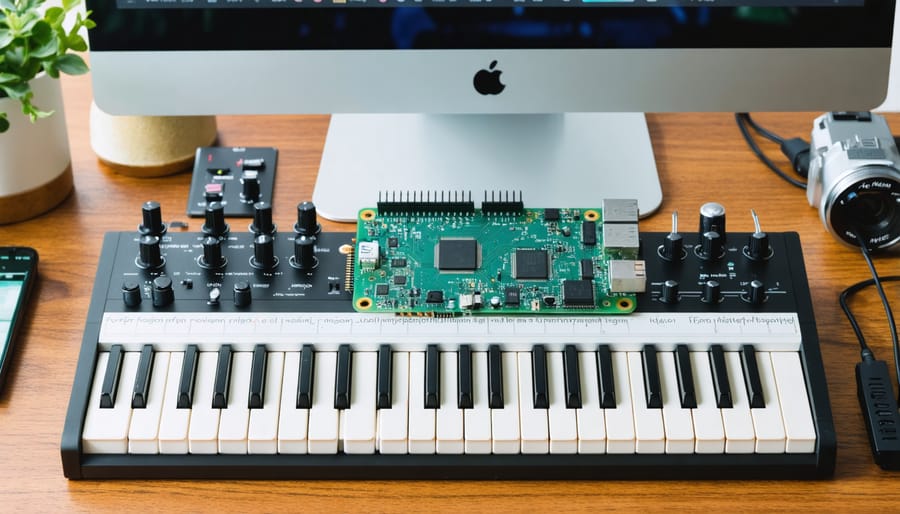 Full view of digital piano setup with Raspberry Pi and accessories in home studio