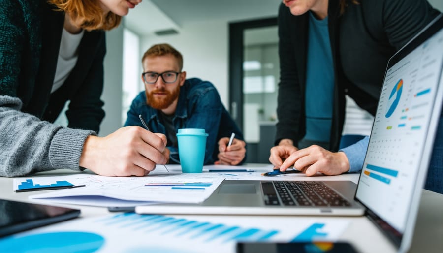 Software developers working at standing desks in modern office space