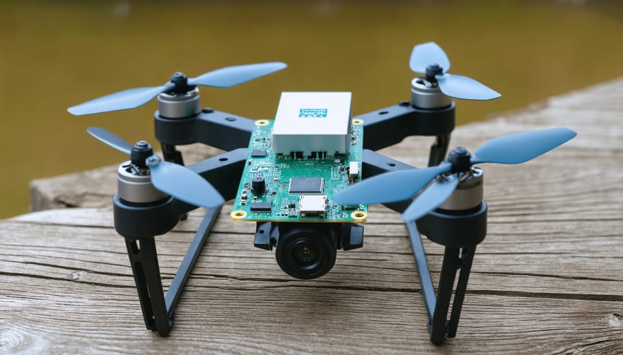 Custom quadcopter drone with Raspberry Pi and 9-axis sensor hovering in outdoor setting
